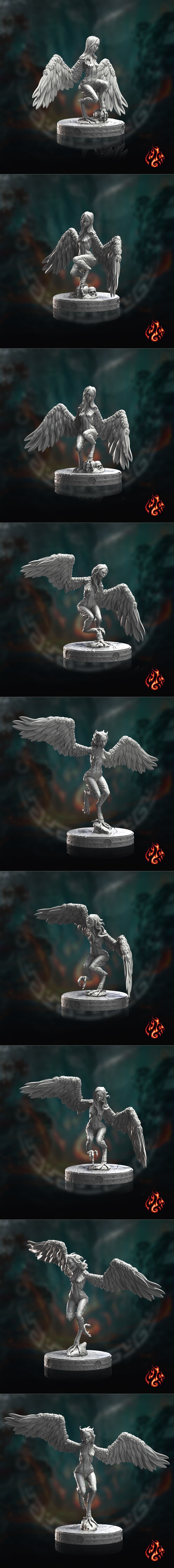 Three 3D printable harpy figures from Crippled God Foundry. Two figures are in mid-stride with large wings spread, wh...