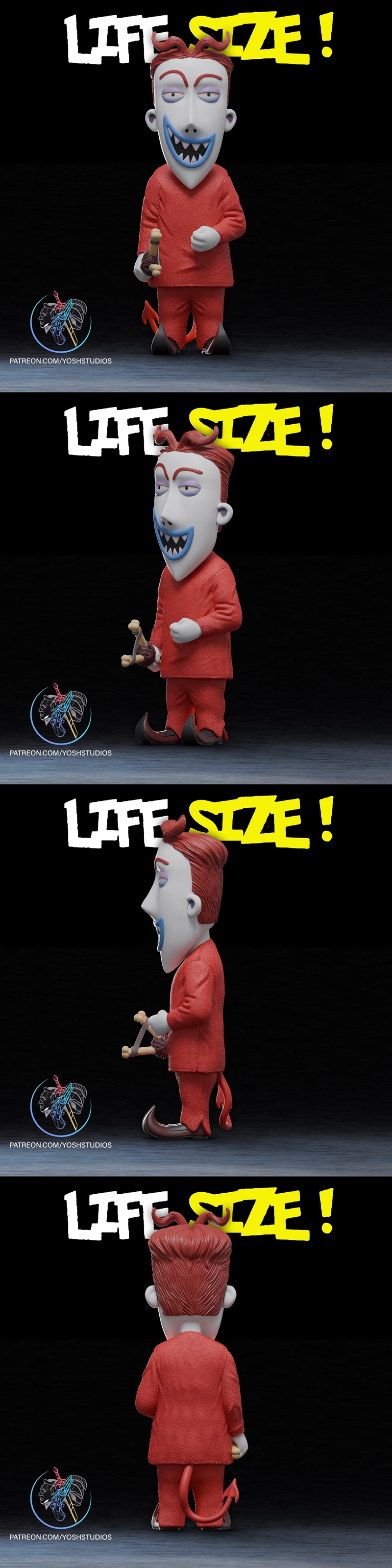 Life-size 3D model of Lock from The Nightmare Before Christmas, wearing a red suit and mask, holding a bone-like obje...