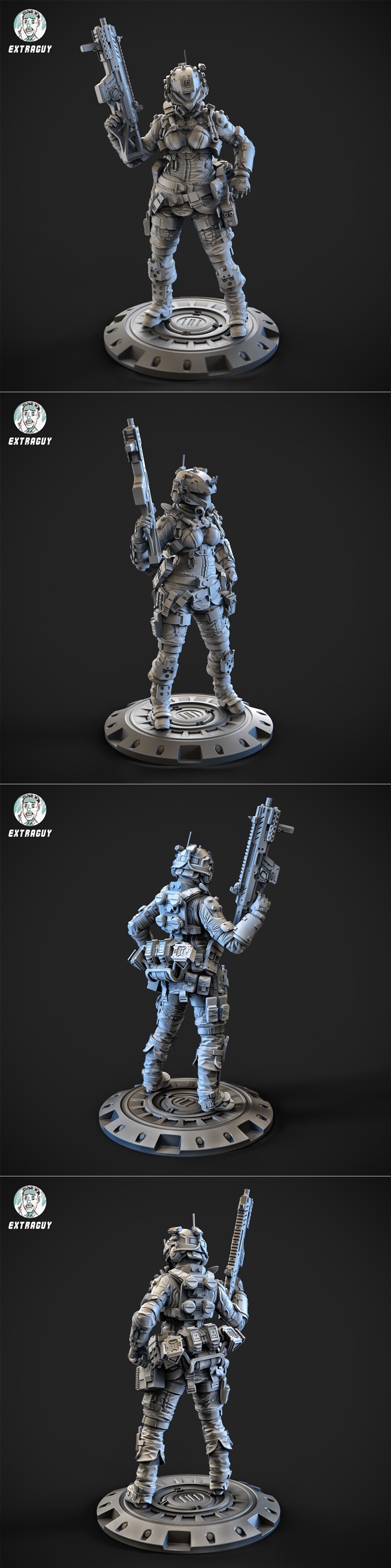 Futuristic female soldier 'Pulse Blade' in tactical gear holding a rifle, standing on a circular base. Model by Extra...
