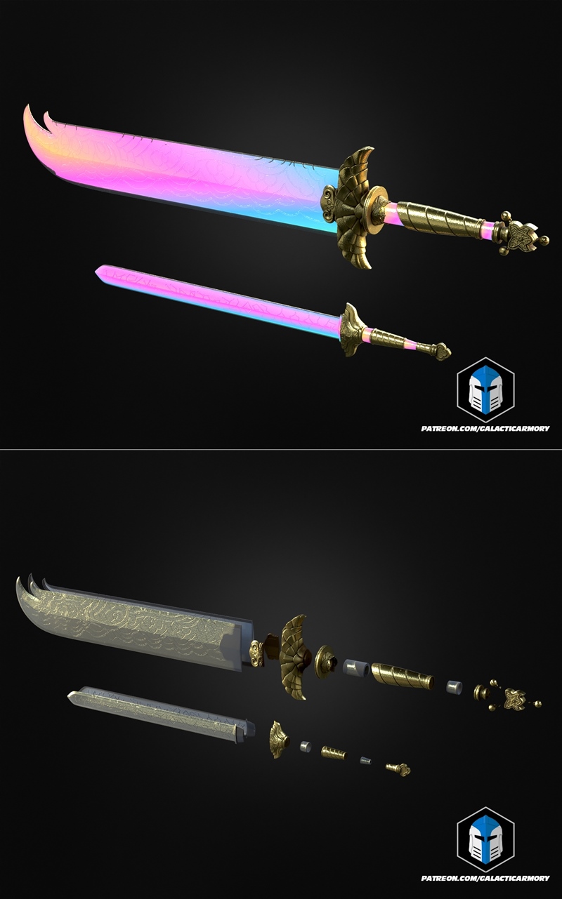Two ornate swords with rainbow-colored blades and golden hilts, alongside a decorative scabbard with gold filigree. G...