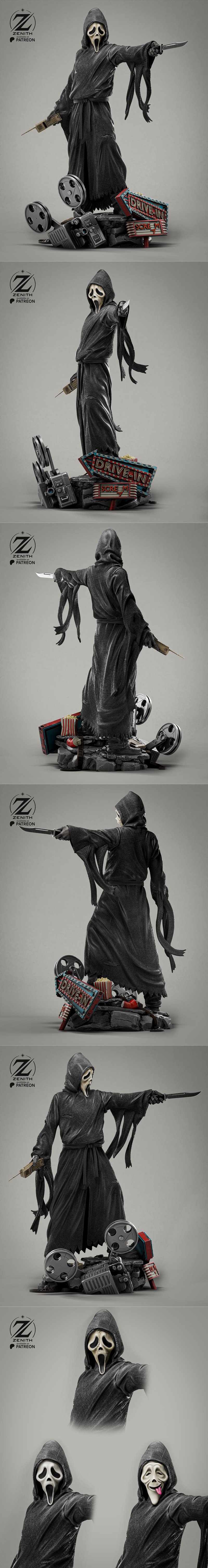 3D model of Ghostface from Scream, holding a knife and a vintage mobile phone, wearing a hooded robe and mask.