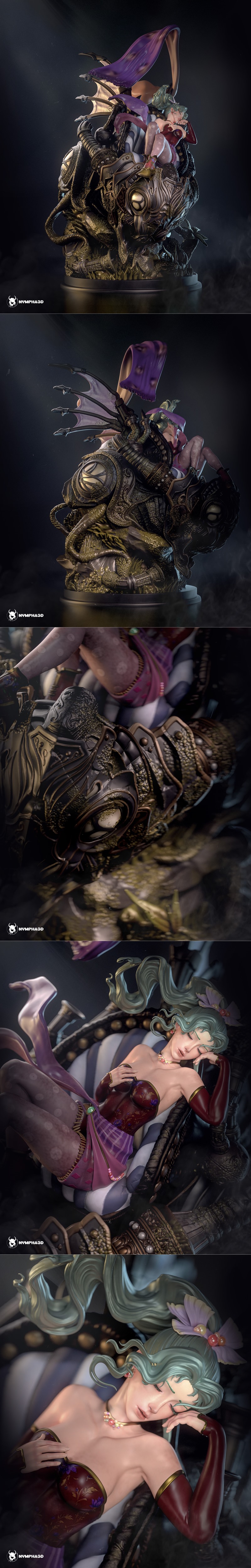 Terra Branford figure resting on an ornate, dark-toned base with flowing purple drapery. Nympha studio logo visible.