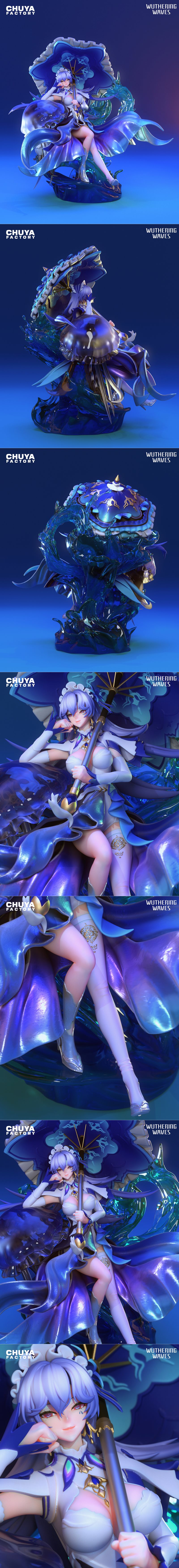 Cantarella figure by Chuya Factory, holding a blue umbrella, wearing a revealing white and blue outfit, surrounded by...