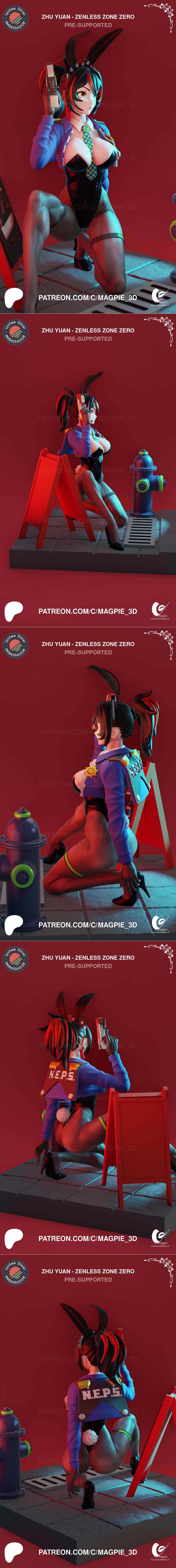 Zhu Yuan from Zenless Zone Zero 3D model, wearing a blue jacket, black leotard, bunny ears, and thigh highs, holding...