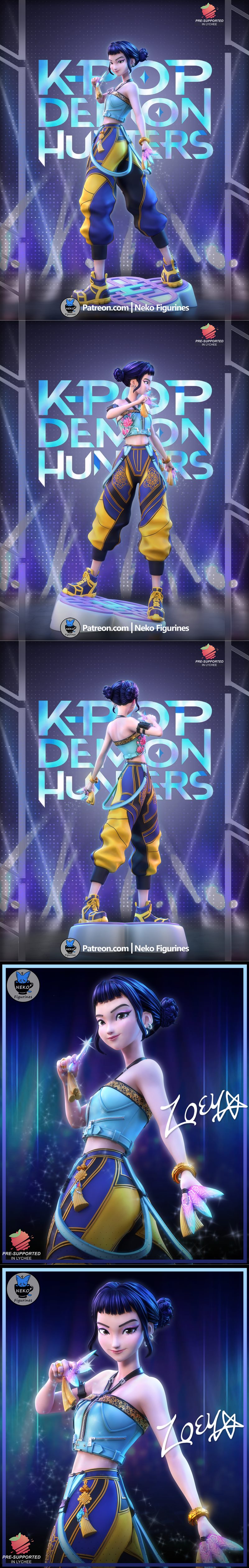3D model of Zoey from Kpop Demon Hunters, a stylized female character in a blue crop top and blue/yellow baggy pants,...