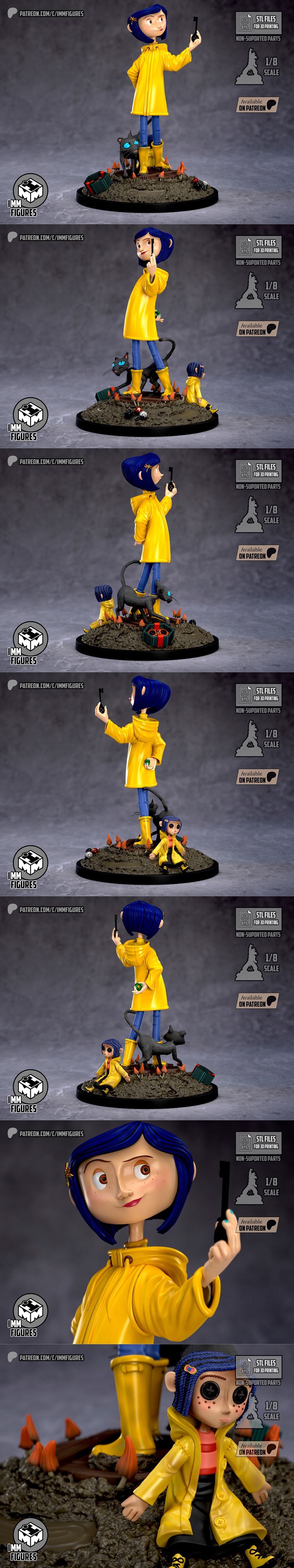 1/8 scale 3D print figure of Coraline in a yellow raincoat and yellow boots, standing with a black cat on a diorama b...