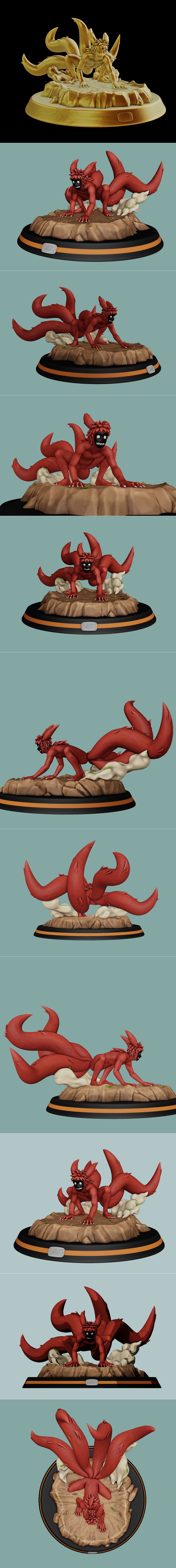 Naruto in his four-tailed form, a red, beast-like figure with a mask and four tails, crouching on a rocky base with t...