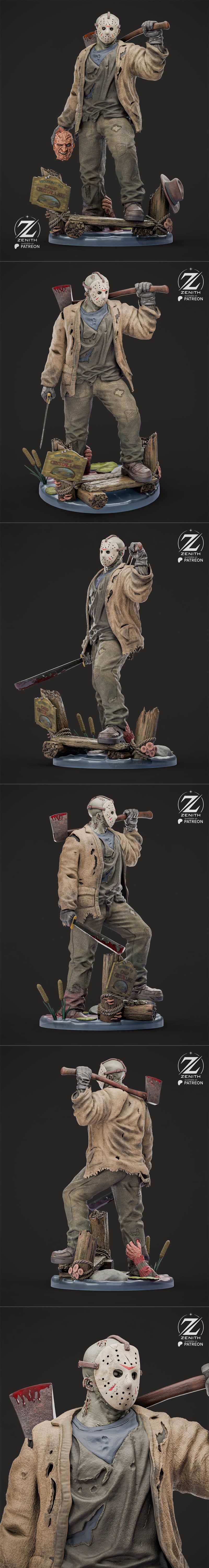 Jason Voorhees 3D model figure, wearing a hockey mask and tattered clothes, holding a machete and axe. From Zenith St...