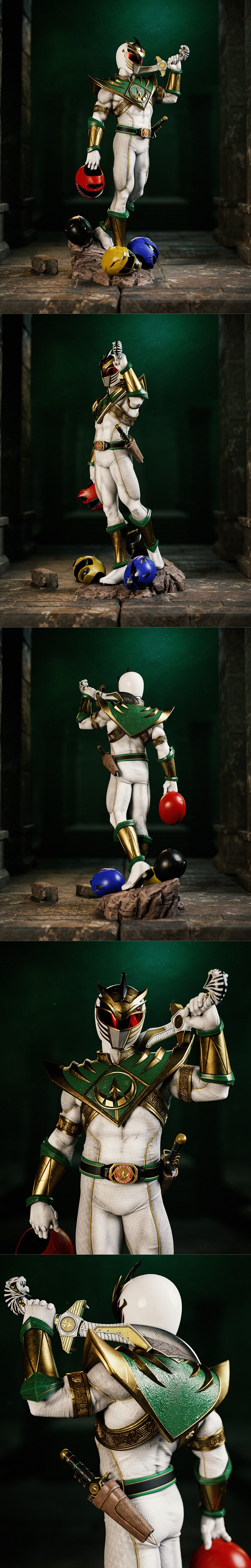 Lord Drakkon 3D model figure in white and green Power Ranger armor, holding a sword and a red helmet, with other colo...