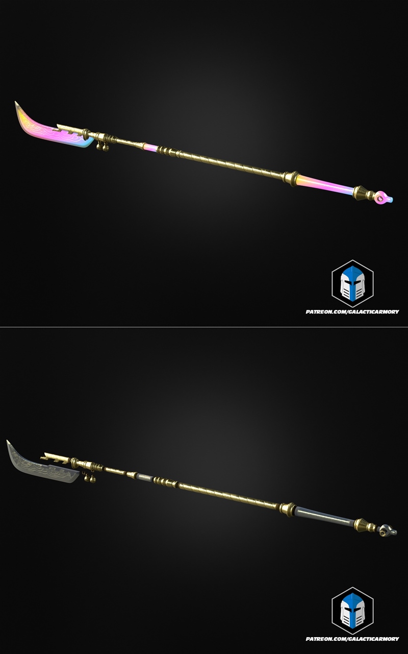 Ornate golden polearm with a pastel-colored blade and two white and gold shoulder pauldrons with tassels.