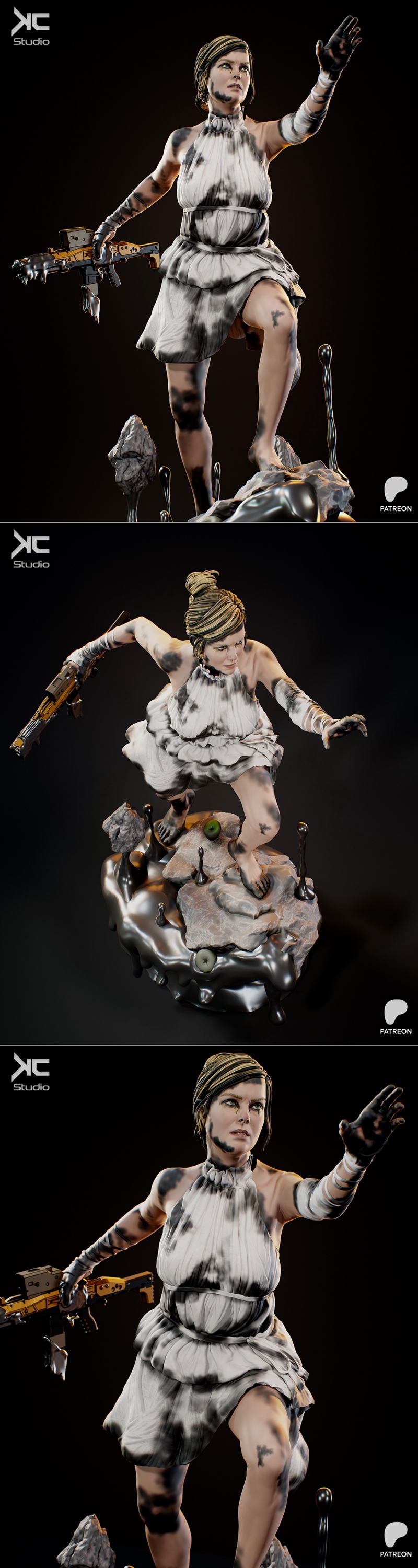 KC Studio Tomorrow 3D model: Woman in a black and white dress holding a sci-fi rifle, standing on a dark, glossy, roc...