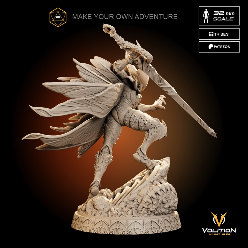 Fantasy female warrior figure with large wings and a sword, wearing ornate armor, posed dynamically on a rock base. S...