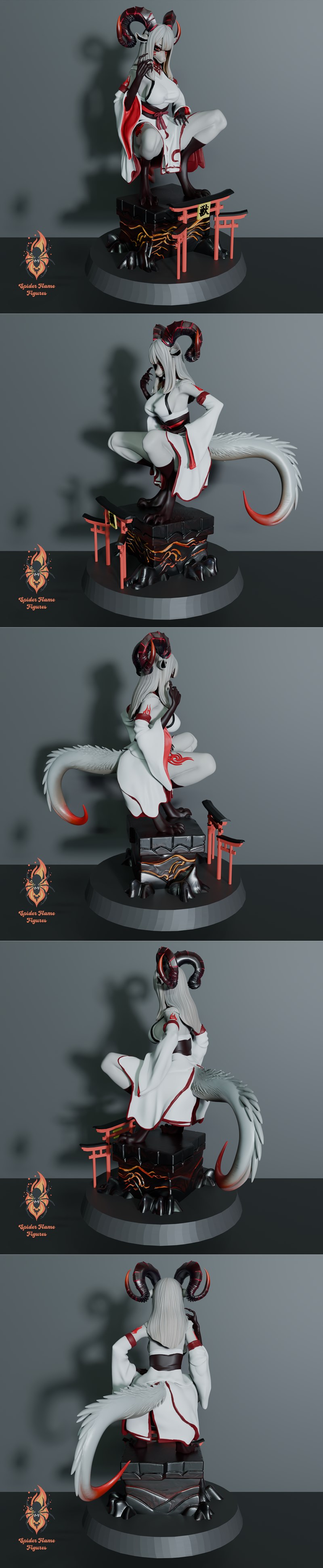 A crouching monster girl figure with white hair, red-accented horns, and a white miko outfit, posed on a base with to...