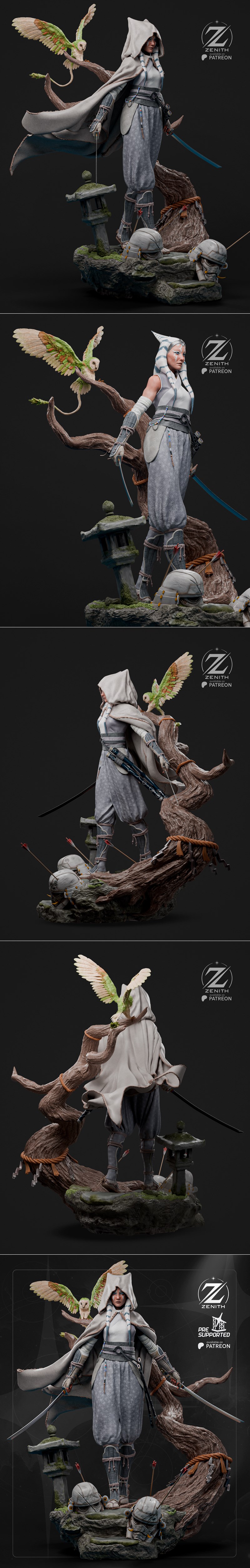 Samurai-inspired Ahsoka Tano figure by Zenith Studios, holding two katanas, wearing a hooded cloak and traditional sa...