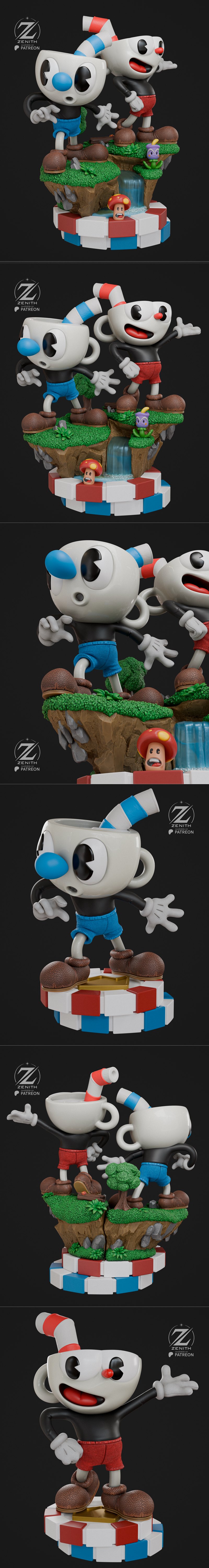 3D model figure of Mugman and Cuphead from the game Cuphead, standing on a diorama base with a waterfall and mushroom...