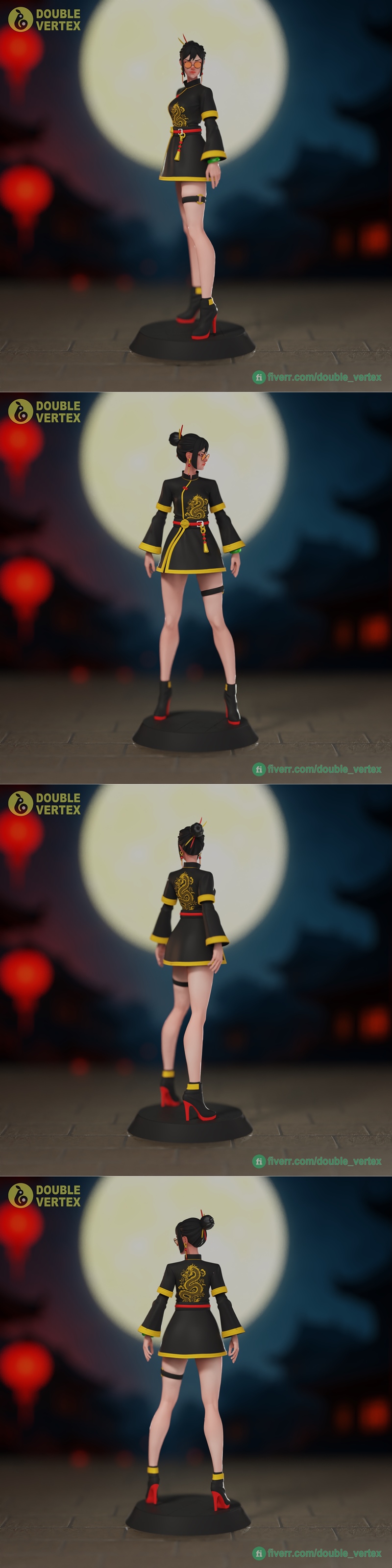 Stylized 3D figure of Qingzhu in a black and yellow traditional outfit with a golden dragon emblem, round orange glas...