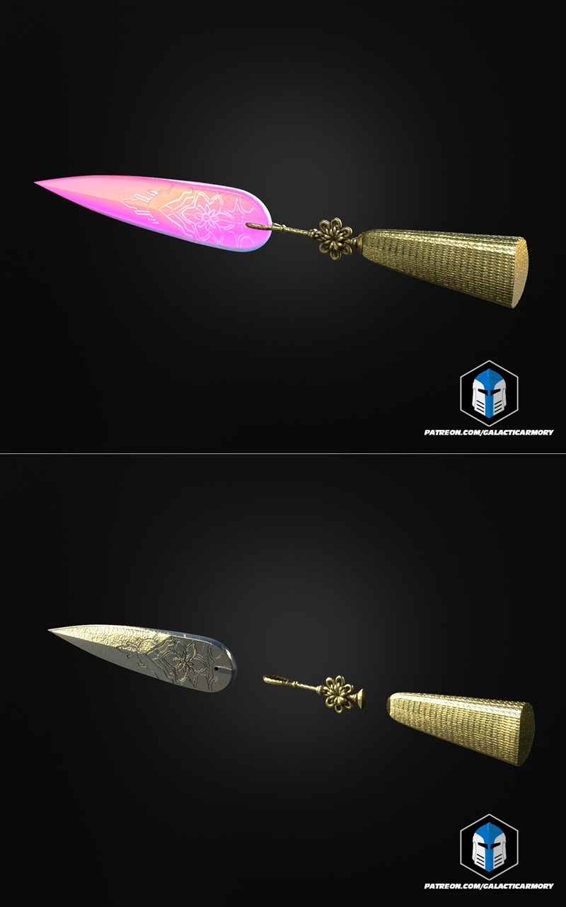 Two white and gold pauldrons with rivets, and three pink ornamental blades with golden tassels, designed by GalacticA...