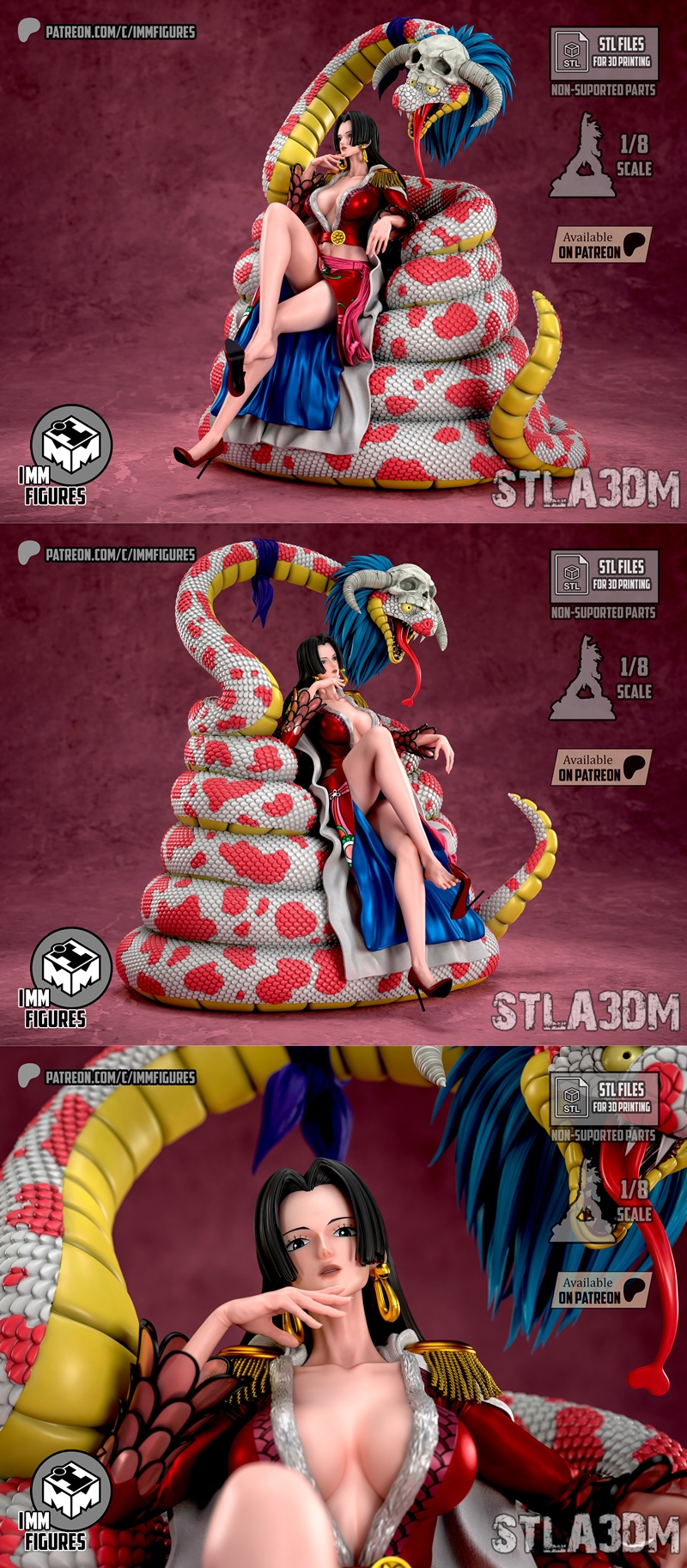 Boa Hancock figure seated on a coiled snake throne, wearing a red and white coat and revealing outfit. 1/8 scale, STL...