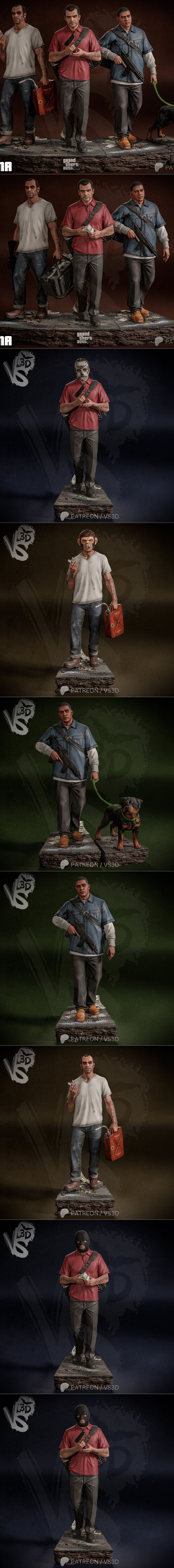 VS3D GTA V diorama with three crime characters: one in a monkey mask with a duffel bag, one in a ski mask holding cas...