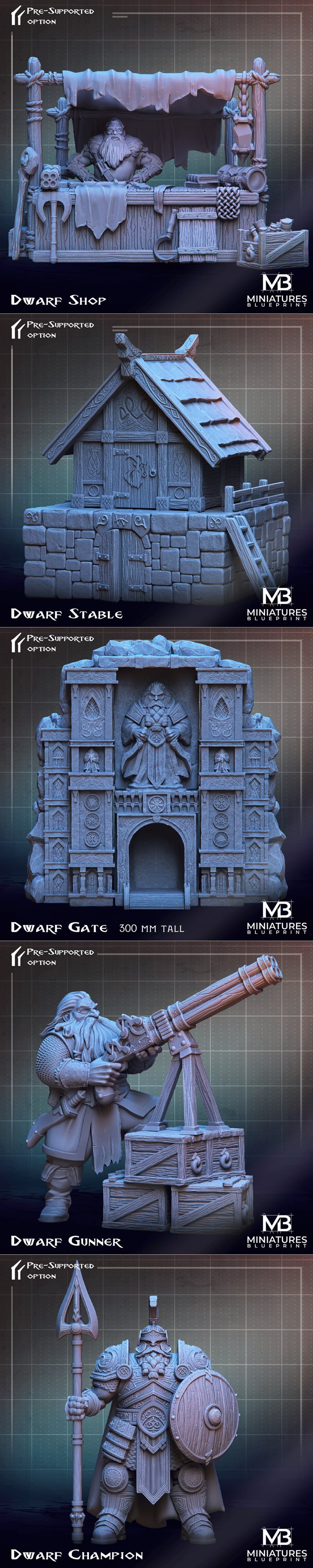 3D printable miniatures of a dwarf village. Features a central stone building with a large statue, a market stall wit...