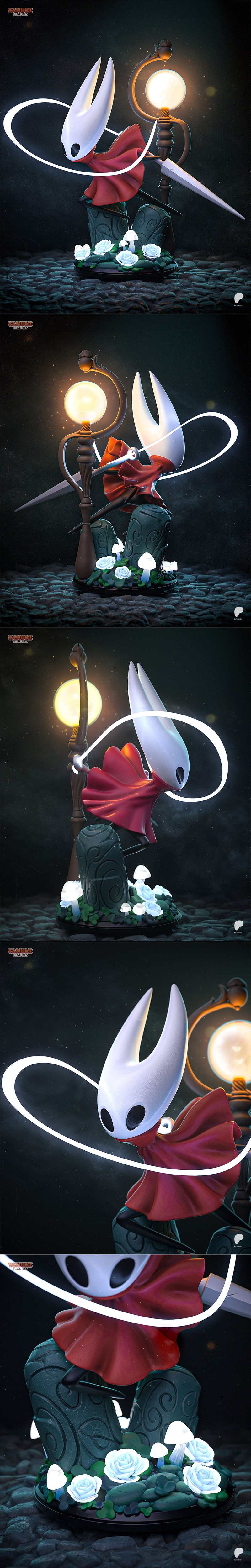 Hornet from Hollow Knight figure, holding a needle and a glowing lantern, standing on a base with roses and mushrooms...