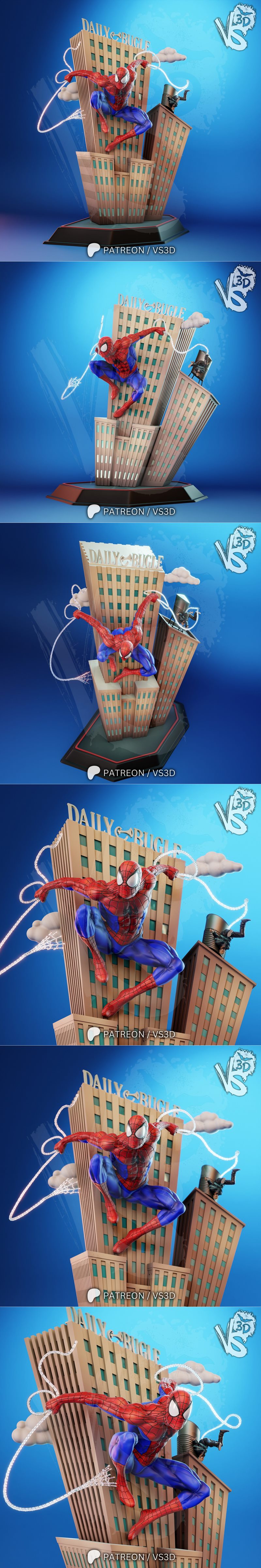 Spider-Man in mid-air, swinging between buildings with webs, wearing his classic red and blue suit. VS3D model.
