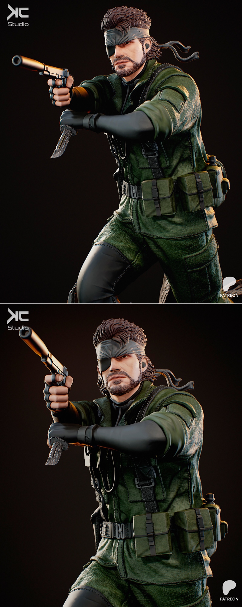 Naked Snake figure in tactical green military uniform, holding a pistol, standing on a jungle diorama base with snake...