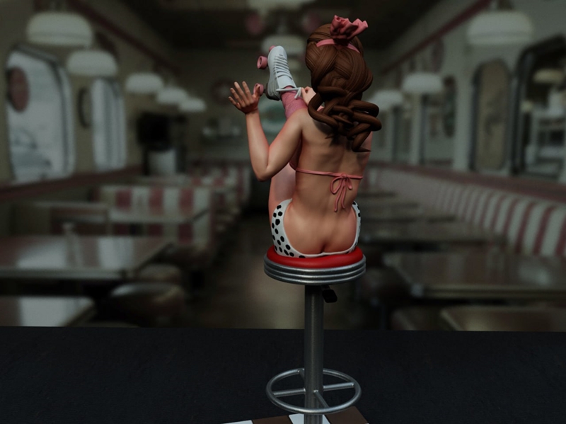Pinup figure named Rollerblade in pink bikini and roller skates, sitting on a diner stool. Retro 1950s aesthetic.