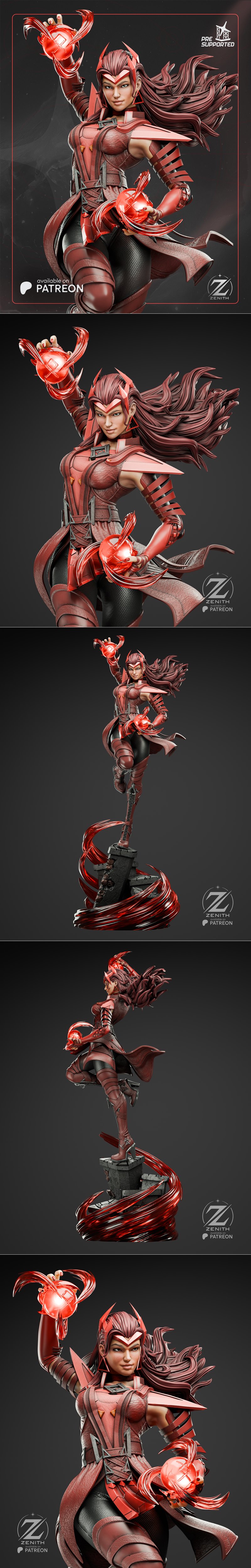Scarlet Witch figure in red armor, channeling red magic with both hands, long flowing hair, detailed costume, Zenith...