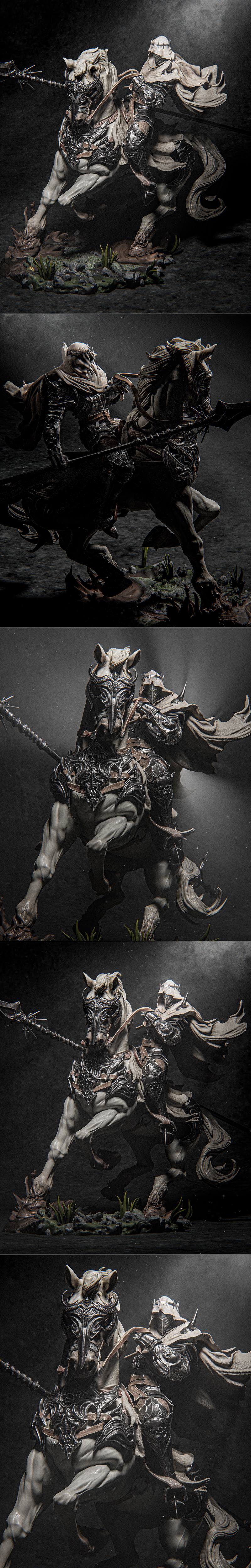 Knight in ornate dark fantasy armor riding a horse, holding a spear. Detailed sculpt by CA 3D Studios.