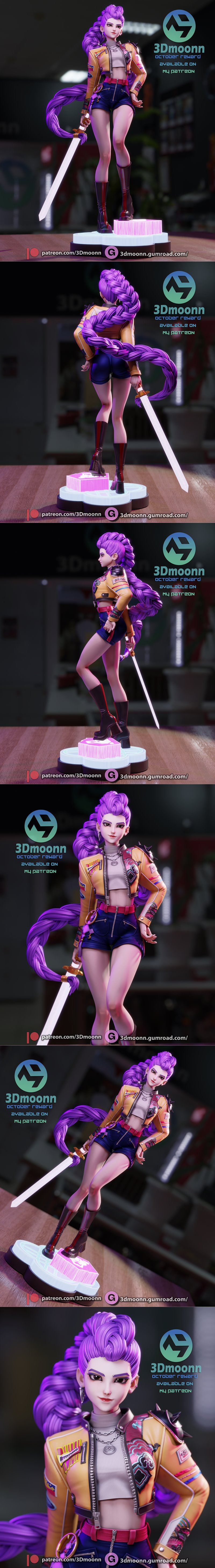 3D model of Rumi, a female character with long purple braided hair, wearing a yellow jacket, crop top, denim shorts,...