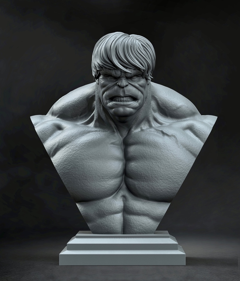 Bust of the Hulk and Red Hulk characters, sculpted by Stayln Quitto, with an angry expression and detailed musculatur...