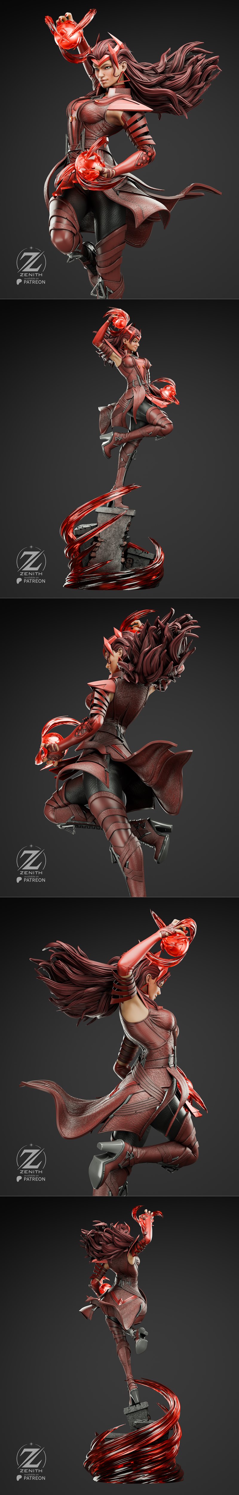 Scarlet Witch figure in red armor, channeling red magic with both hands, long flowing hair, detailed costume, Zenith...
