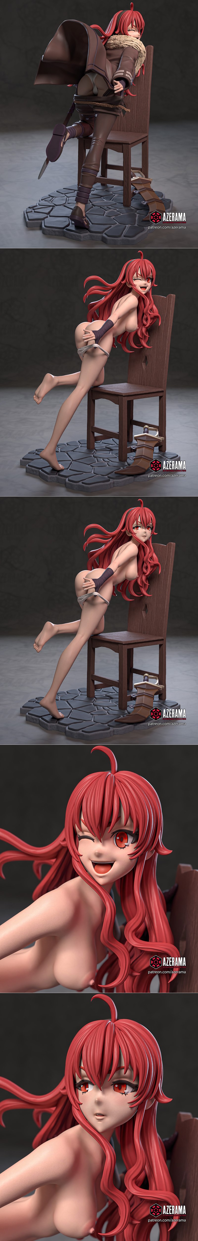 3D model of Eris Greyrat from Mushoku Tensei, seated on a wooden chair, wearing brown adventurer's clothing, with a s...