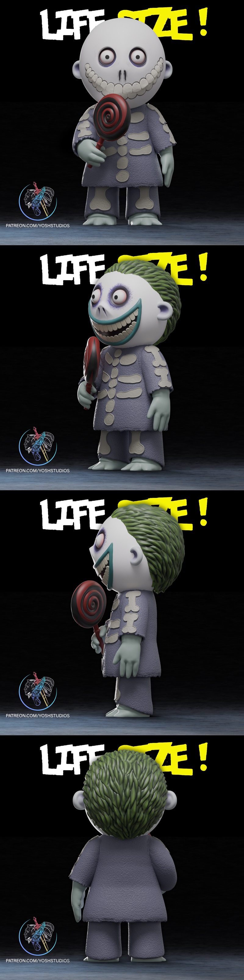 3D model of Barrel from The Nightmare Before Christmas, holding a red and black lollipop, wearing a stitched costume...