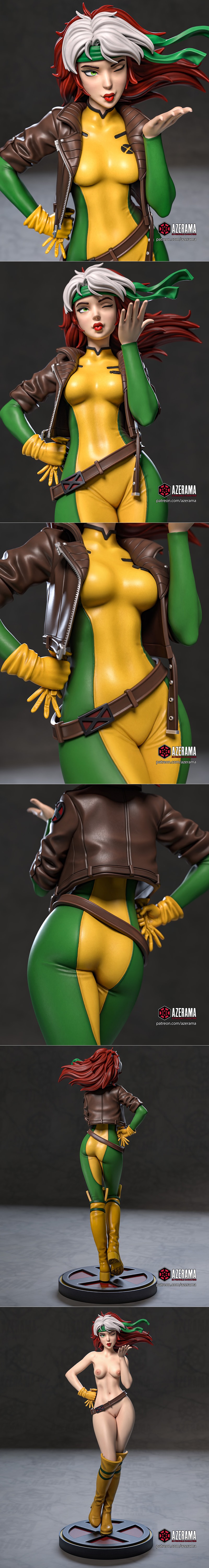 Rogue from Marvel Comics, wearing a green and yellow bodysuit, brown leather jacket, and yellow boots, striking a pos...