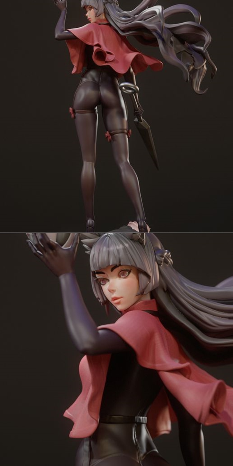 KKsculpt 3D model of Hornet from Hollow Knight, featuring cat ears, long dark hair, red capelet, and dark outfit, hol...