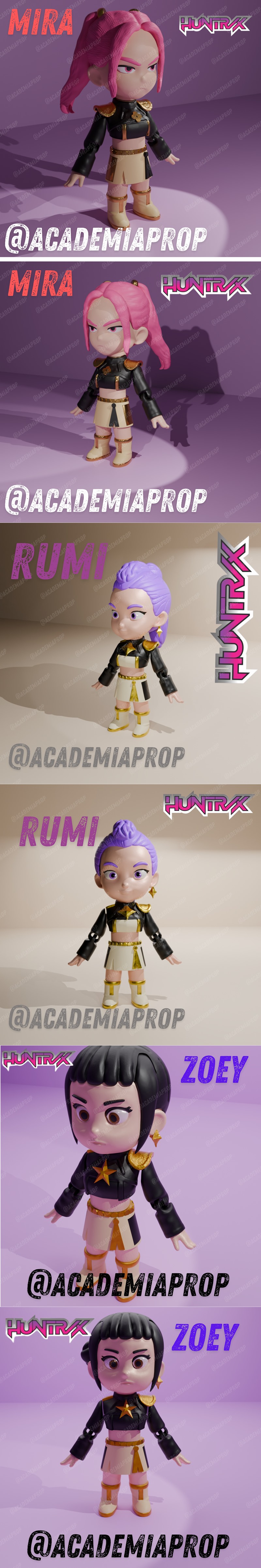 Three chibi-style 3D printed figures named Rumi, Zoey, and Mira, wearing matching black and gold outfits. Rumi has bl...