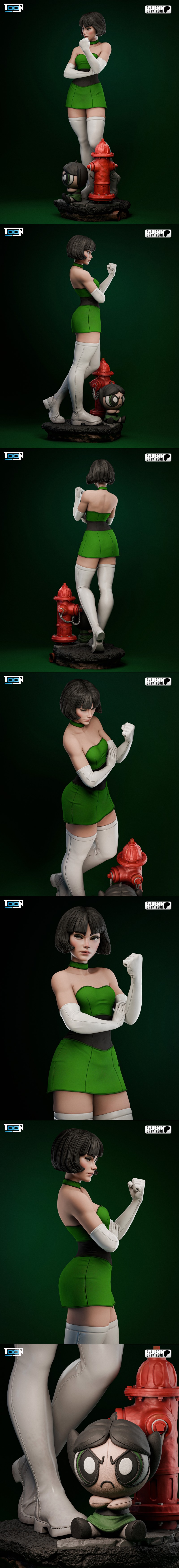 Buttercup figure from Powerpuff Girls, wearing a green dress and white gloves, with a chibi version of herself and a...