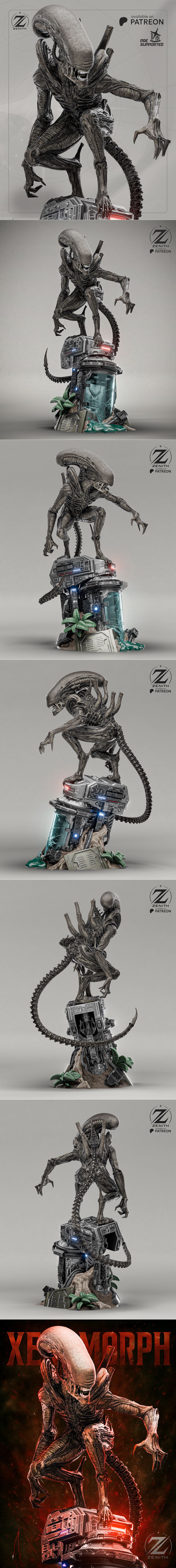 Zenith Studios Xenomorph figure in a crouching pose on a sci-fi base with red glowing lights. The creature has a biom...