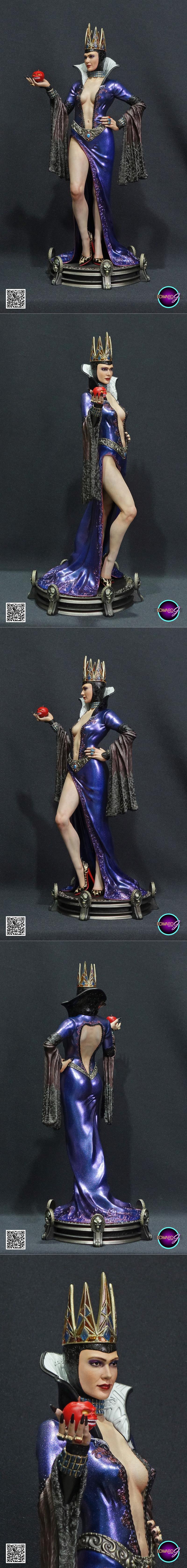 Evil Queen from Snow White, wearing a crown and a revealing purple gown, holding a poisoned apple. Detailed 3D model...