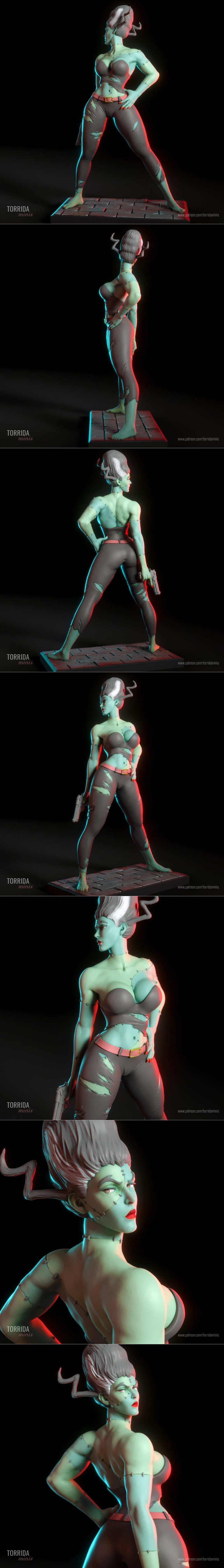 Female figure with green skin, stitches, and a high-rise hairstyle, holding a handgun and posing with hand on hip. We...