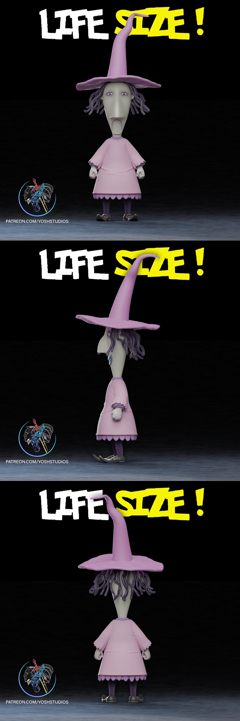 Life-size 3D model of Shock from The Nightmare Before Christmas, wearing a purple witch hat and dress, with a wide gr...
