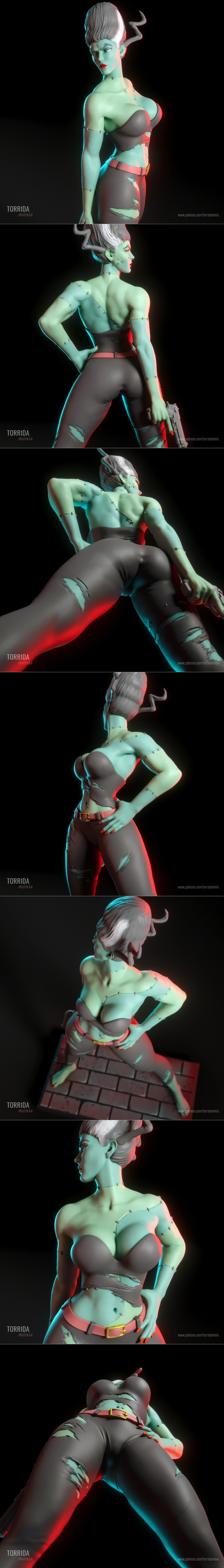 Female figure with green skin, stitches, and a high-rise hairstyle, holding a handgun and posing with hand on hip. We...