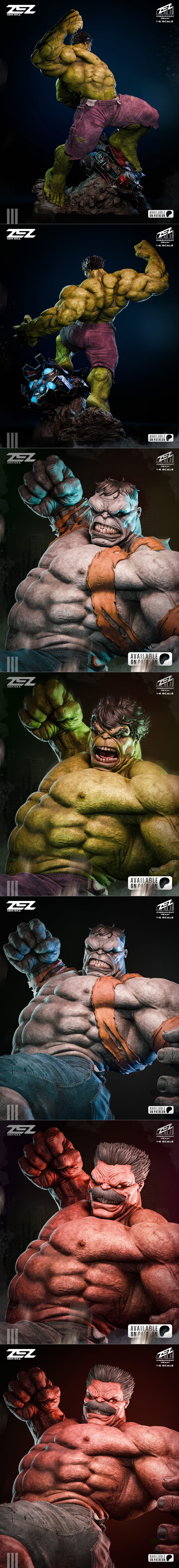 ZEZ Studio 1:6 scale Hulk statue and bust, a muscular green figure in a dynamic pose with torn purple pants, roaring...