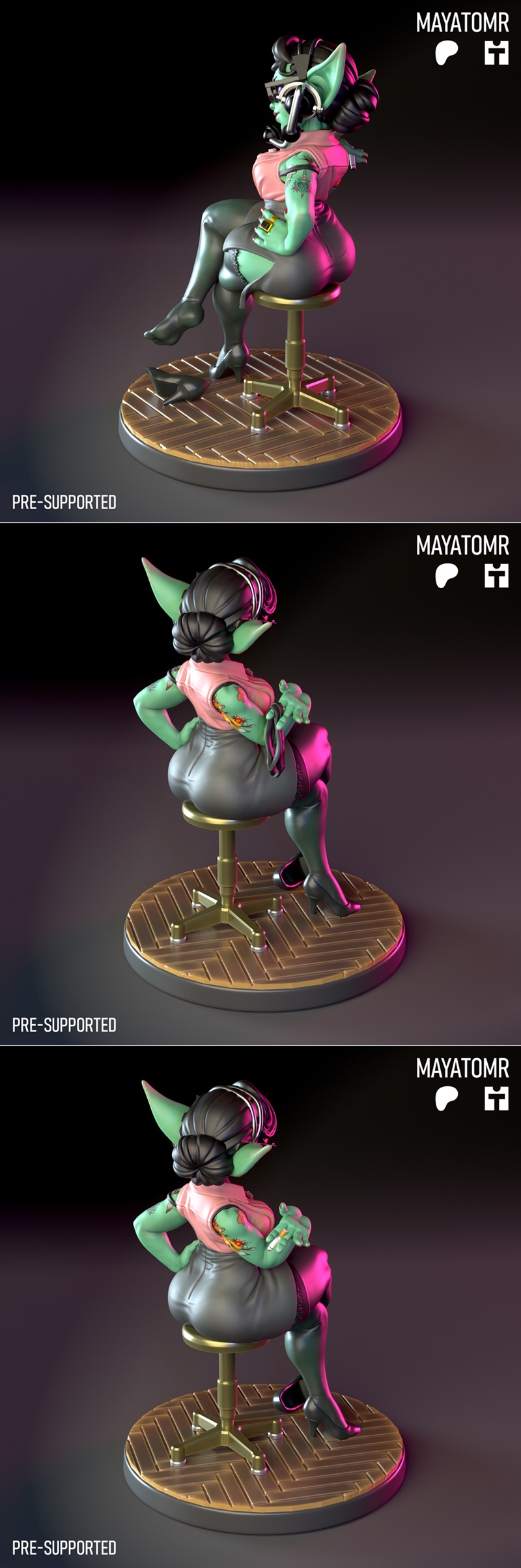 Mayatomr's 3D model of a green-skinned female goblin switchboard operator sitting on an office chair, wearing glasses...