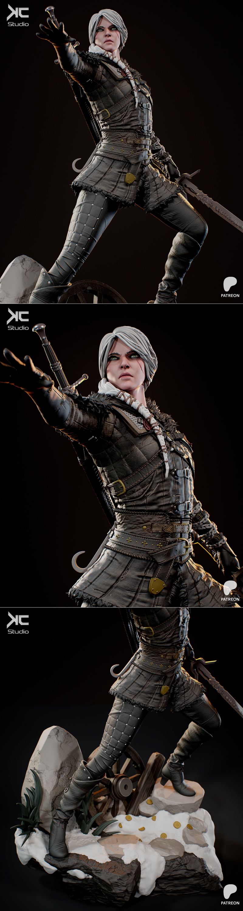 KC Studio Ciri 3D model figure in action pose, holding a sword, wearing leather armor and boots, on a snowy base with...