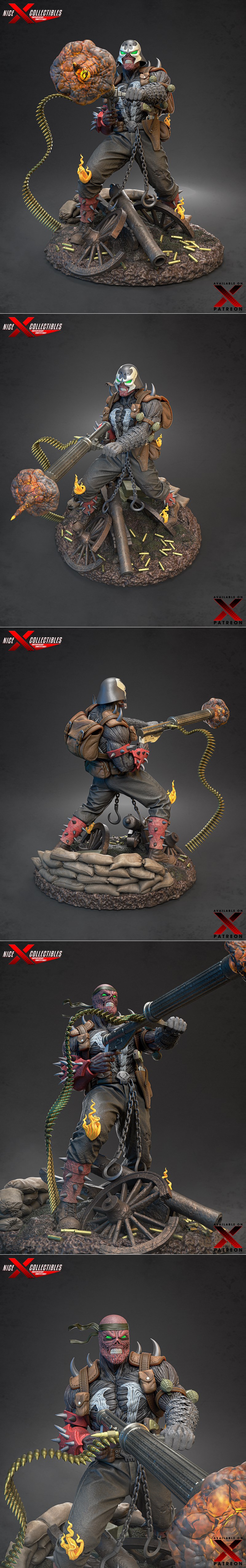 Spawn figure in WWII-themed diorama with gatling gun, cannon, and ammo belt. Fiery effects on weapon and leg accents....
