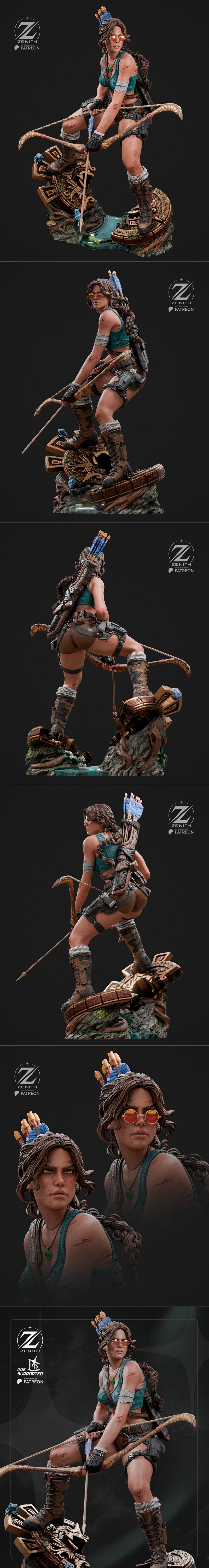 Lara Croft figure with bow drawn, wearing sunglasses and teal top, standing on jungle ruins. Zenith Studios model.
