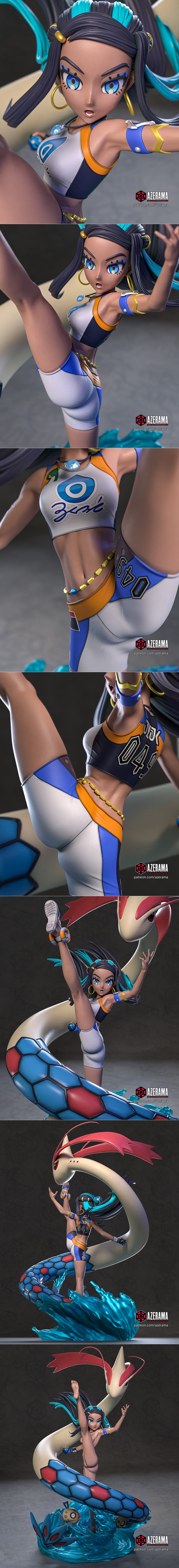 Nessa from Pokemon in a dynamic pose with Milotic and Magikarp figures, sculpted by Azerama.